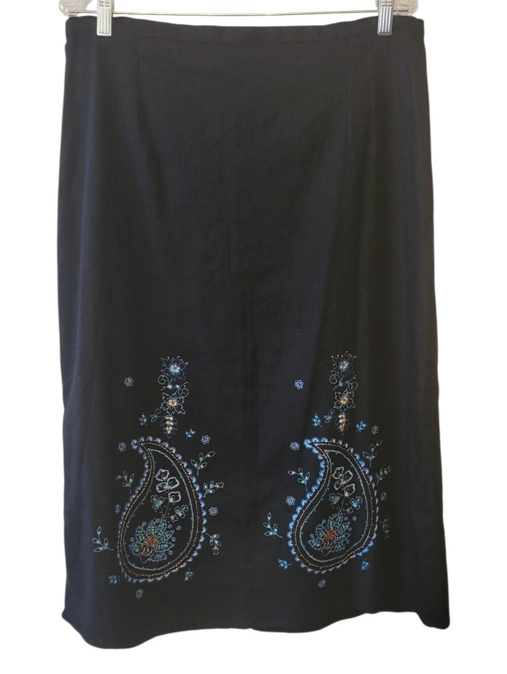 Vintage AKC Black Embroidered Linen Blend Midi Skirt Size 1X